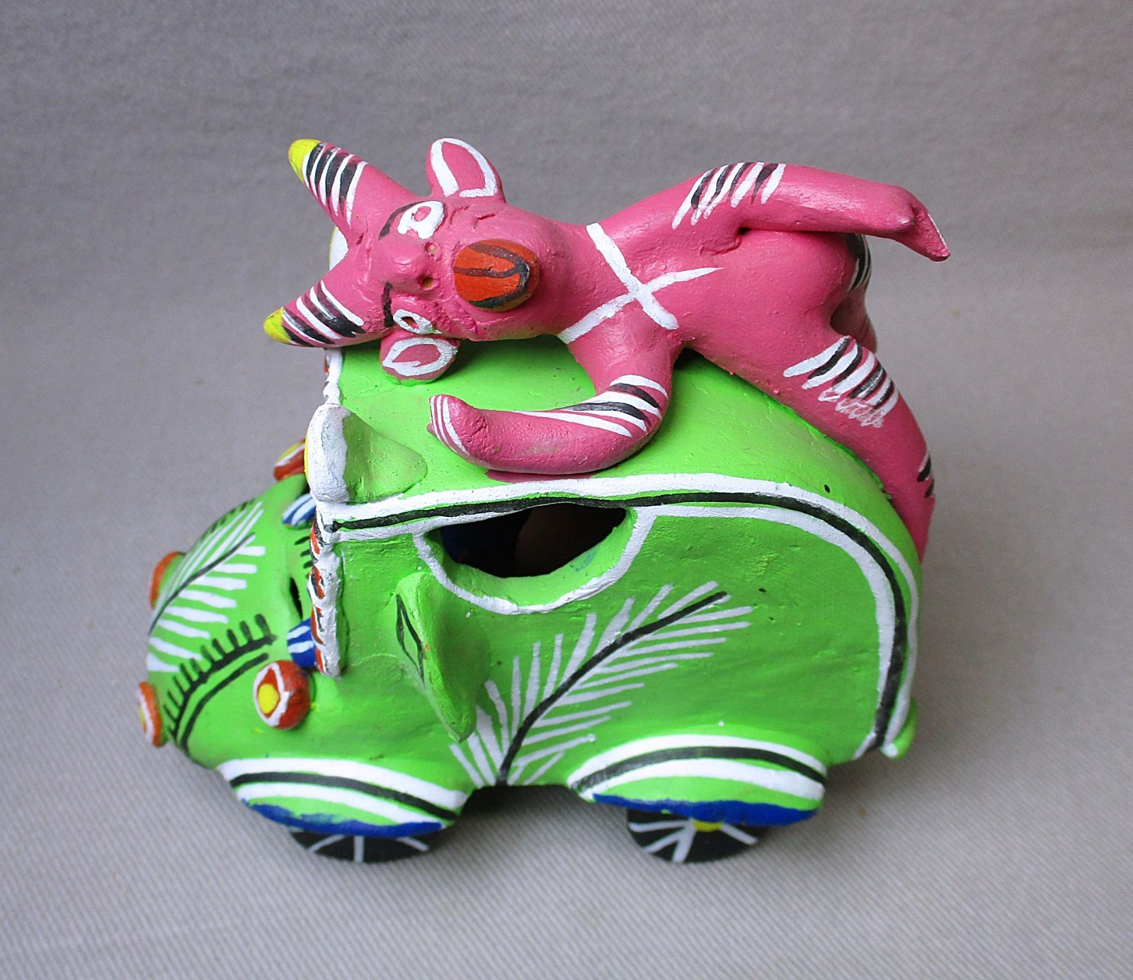 Ocumicho Whimsical Mexican Folk Art Pottery Diablo/Devil Bus Sculpture