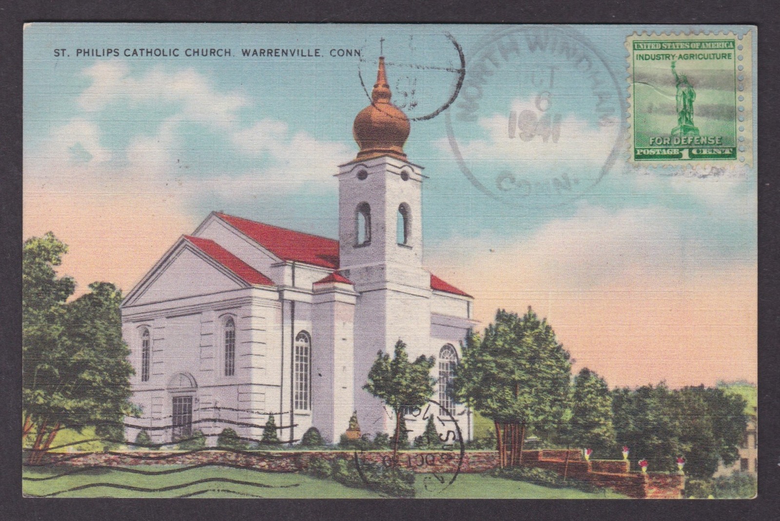 Vintage postcard USA Warrenville CT St Philips Catholic Church 1941 to Argentina