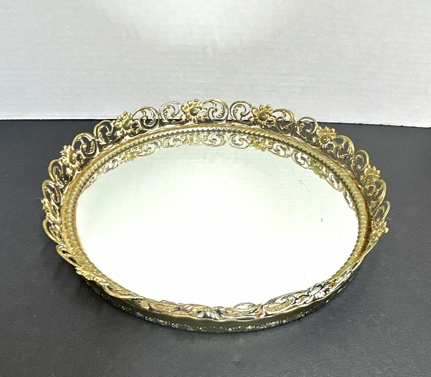 Ornate Metal Filigree Round Mirrored Glass Vanity Tray, 10 in