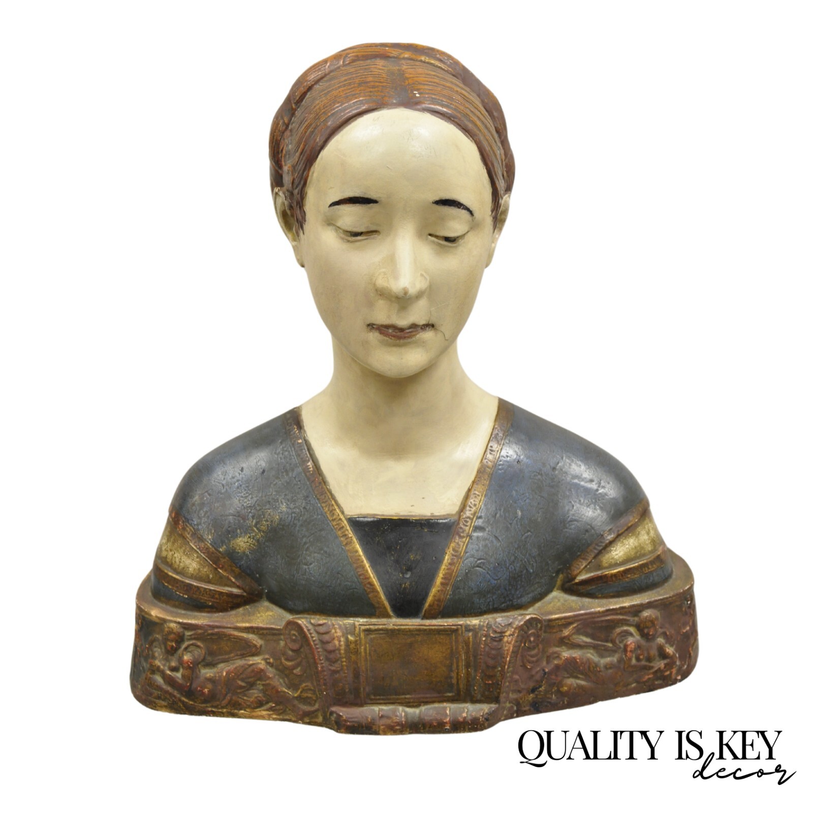 Vintage Polychrome Plaster Bust Ippolita Maria Sforza Statue Renaissance Style Vintage Polychrome Plaster Bust Ippolita Maria Sforza Statue Renaissance Style