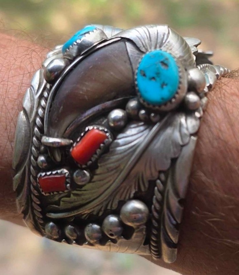 EX HEAVY Navajo Signed ES BIG Sterling Turquoise Coral Cuff Bracelet Watch Band