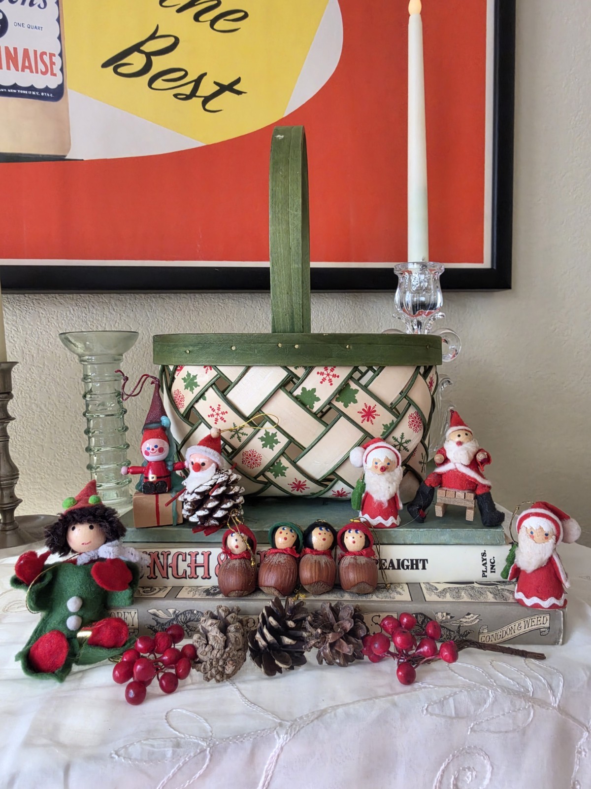 Vintage Christmas Basket Lot 11pc Spun Cotton Santas Hazelnut Elves Wooden...