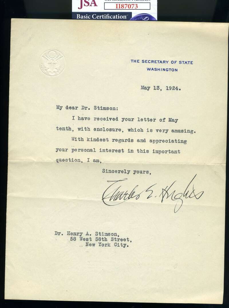 Charles Evans Hughes JSA Signed Supreme Court Justice 1924 Letter Autograph