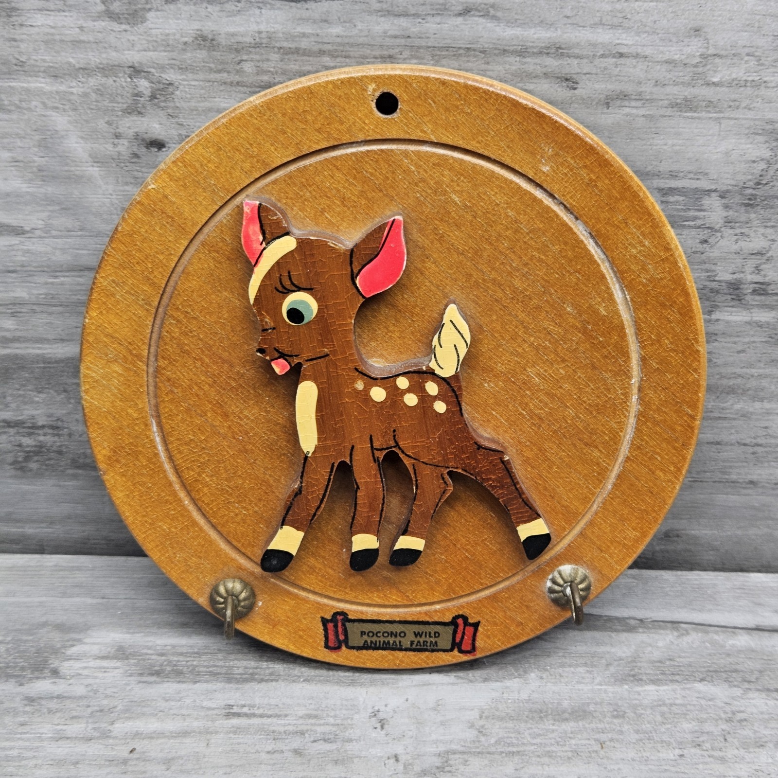 Vtg Deer Fawn Wood Die-Cut Souvenir Pocono Wild Animal Farm Ornament Key Holder