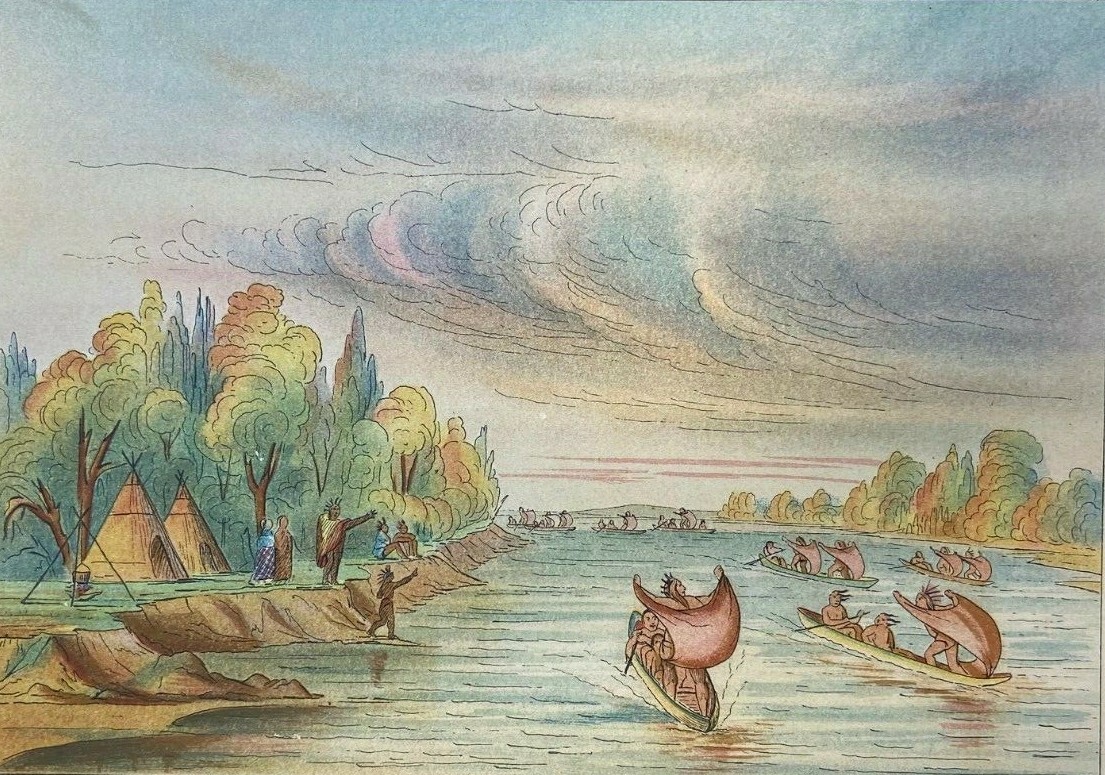 1903 Vintage George Catlin Illustration Natives Sailing in Canoe