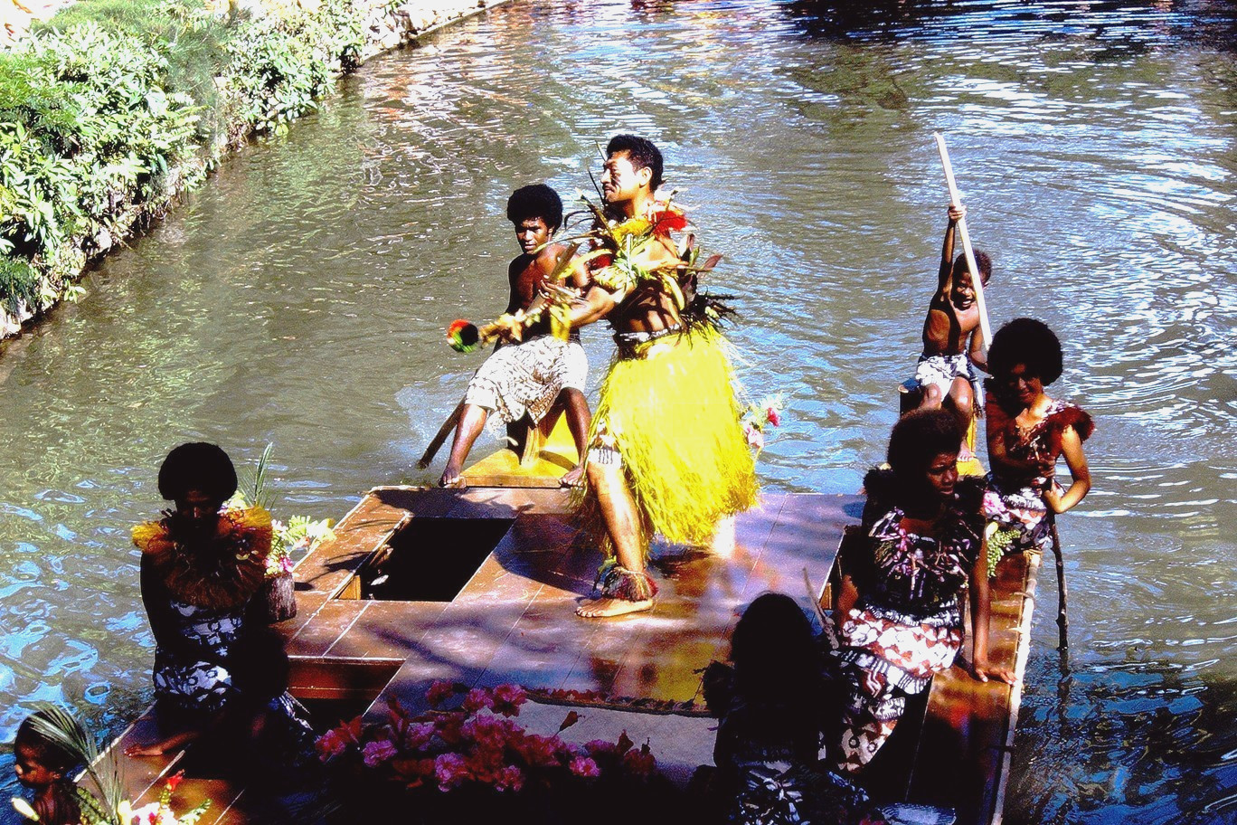 Man on Boat in Pageant of the Long Canoes, Laie Oahu Hawaii: 1970's 35mm Slide
