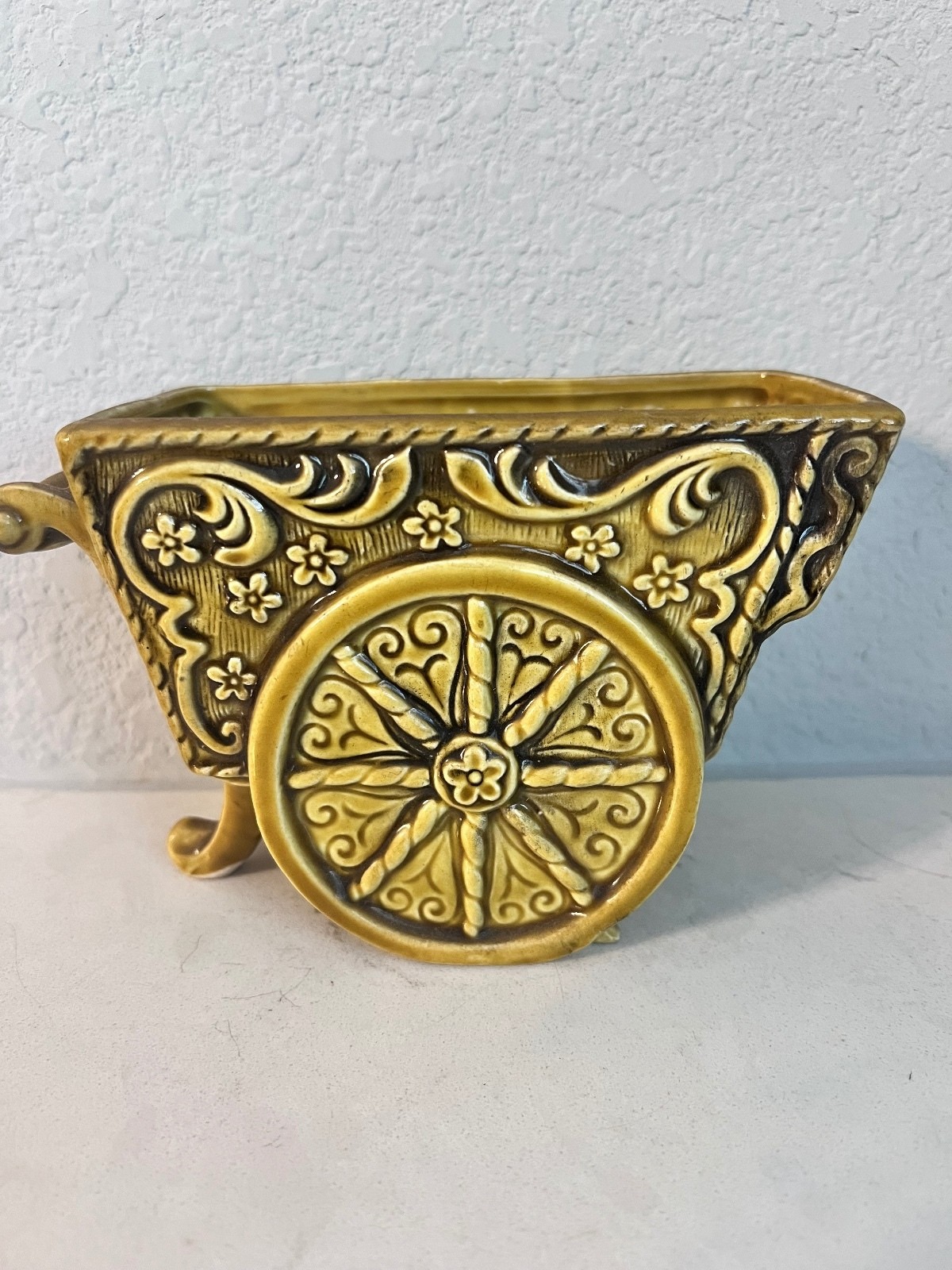 Vintage Lefton Ceramic Cart Planter Olive Green Floral Scroll Japan 4316