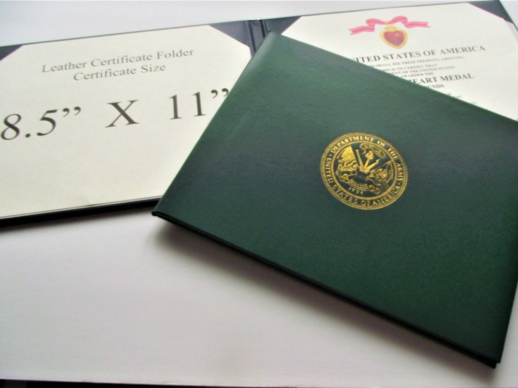 Military Certificate Presentation Folder Two sides of 8.5X11 certificate US Army