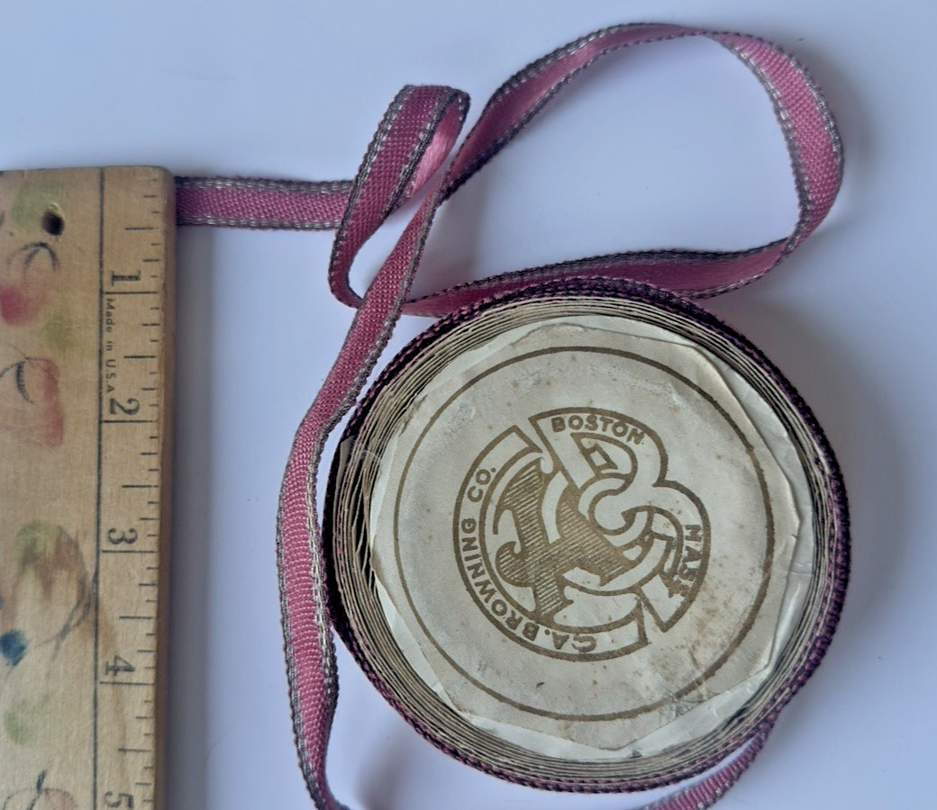 Antique Millinery Pink Silk Ribbon Sewing Trim Roll C.A. Browning & Co. Boston Antique Millinery Pink Silk Ribbon Sewing Trim Roll C.A. Browning & Co. Boston