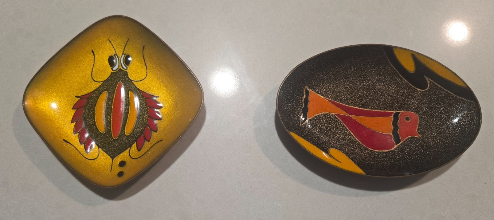 wonderful pair mid-century Miguel Pineda hand painted enamel copper plates wonderful pair mid-century Miguel Pineda hand painted enamel copper plates