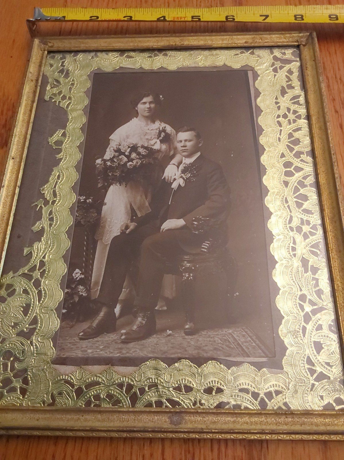 Antique Wedding Photograph Bride & Groom Gold 4 1/2 By 7 1/2 Inches Antique Wedding Photograph Bride & Groom Gold 4 1/2 By 7 1/2 Inches