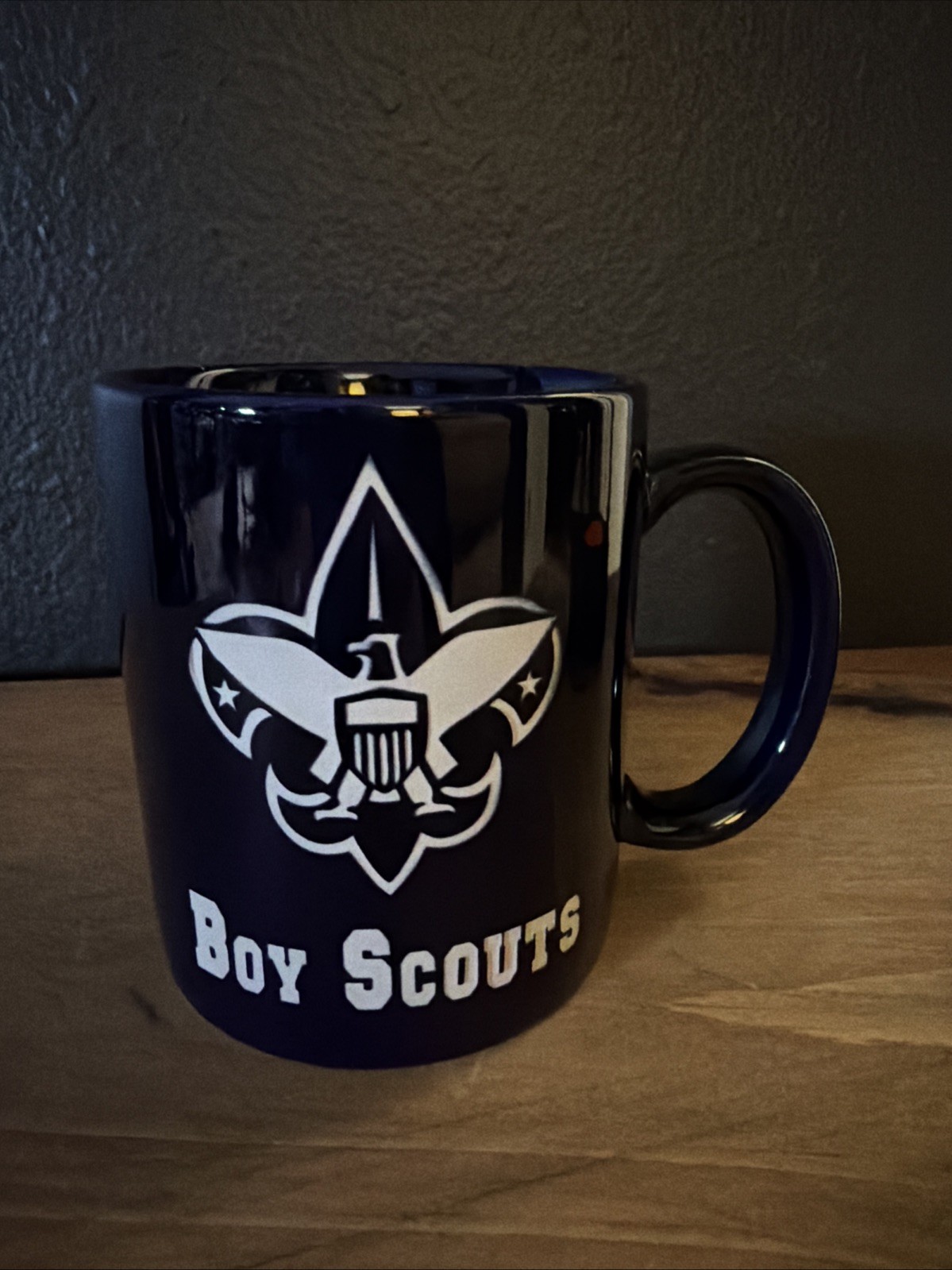Vintage Linyi Boy Scouts of America BSA Navy Blue Ceramic Coffee Mug Fleur-de-li