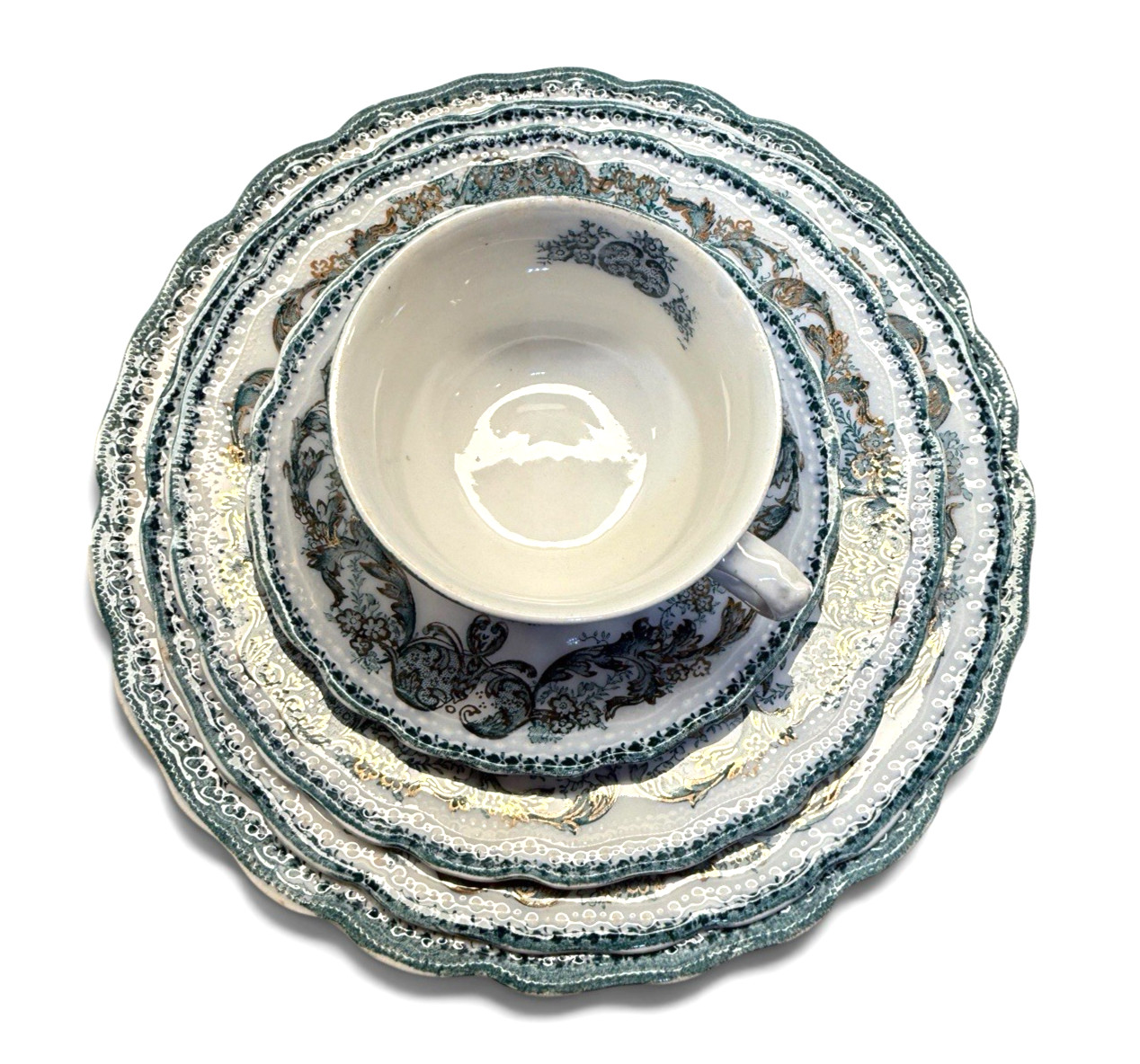 Wood & Son Madras Teal Transferware 76 Pc Dinnerware Set c 1907 Stunning Antique Wood & Son Madras Teal Transferware 76 Pc Dinnerware Set c 1907 Stunning Antique