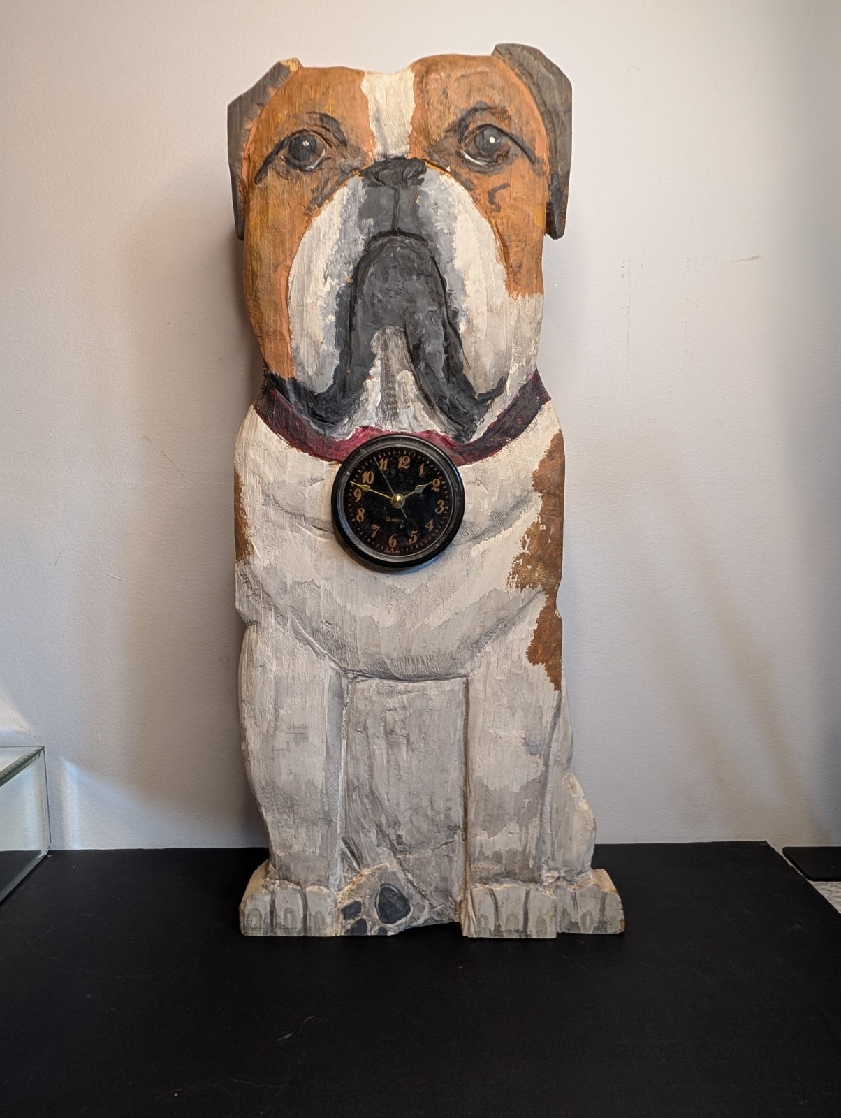 Signed JDM 1998 Hand-Carved Wooden English Bulldog W/Clock, Numbered Folk Art Signed JDM 1998 Hand-Carved Wooden English Bulldog W/Clock, Numbered Folk Art