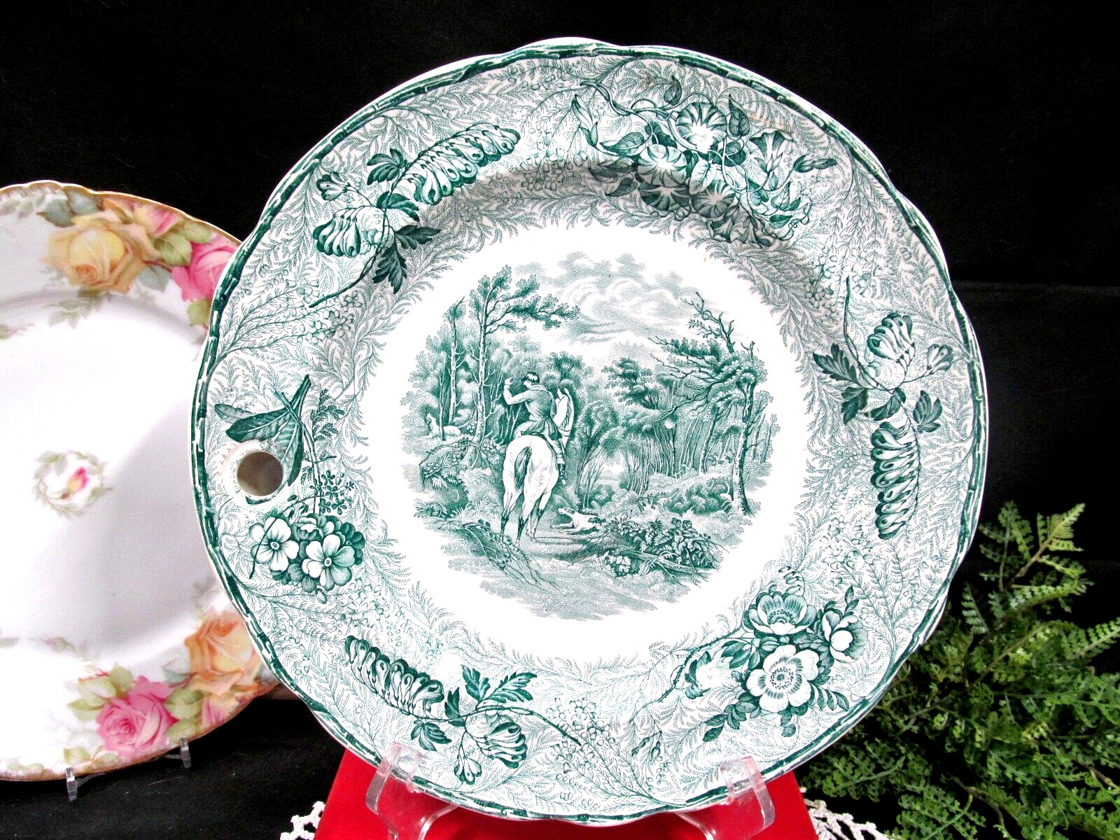 Rare  Copeland late Spode hot plate warming plate green color hunting scene 1890