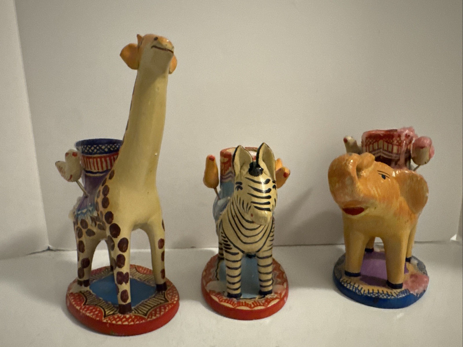Castillo Mexican Folk Art Pottery Tree  Of Life Candlestk Giraffe Zebra Elephant