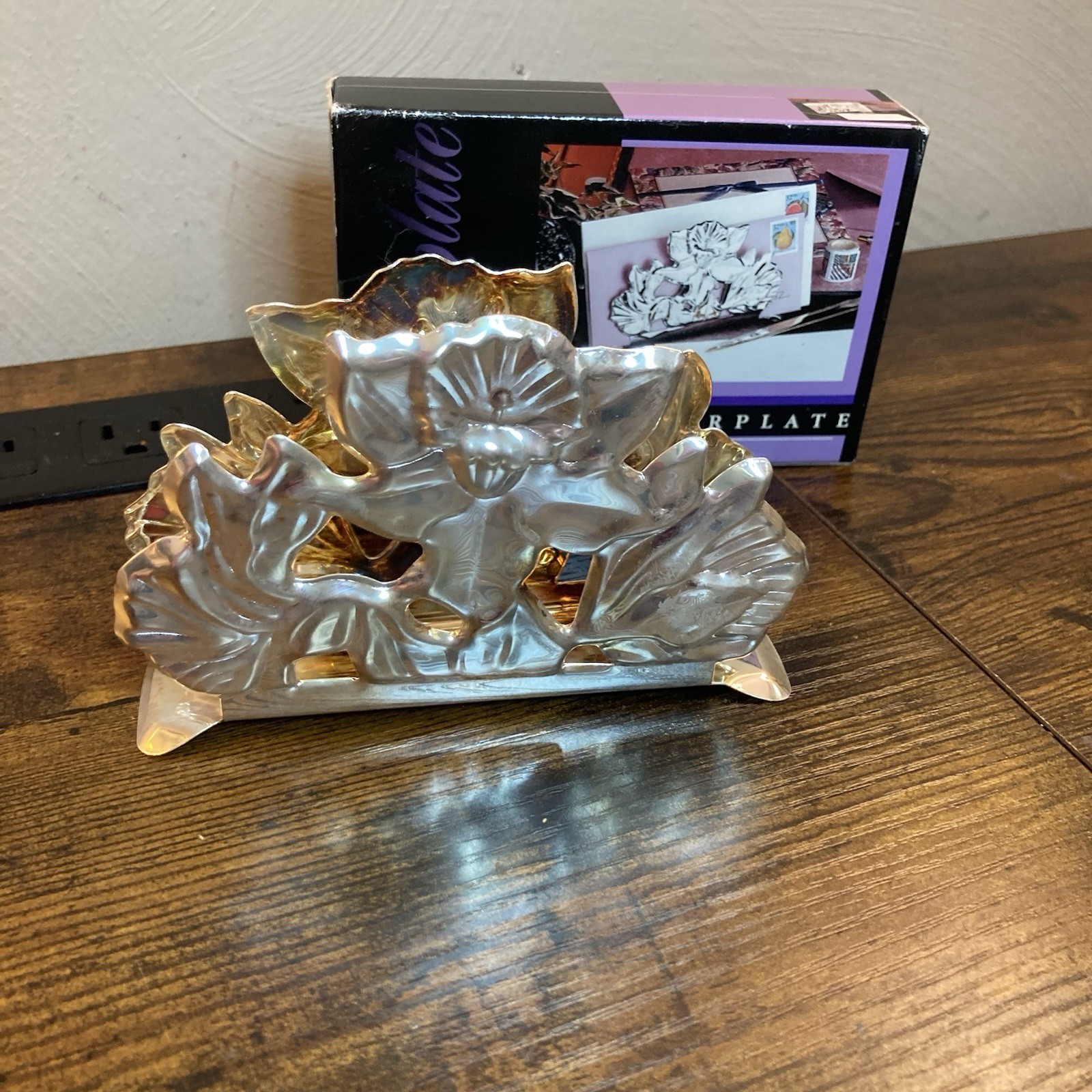 Genuine Silverplate Art Nouveau Floral Letter Holder Napkin Holder Openwork