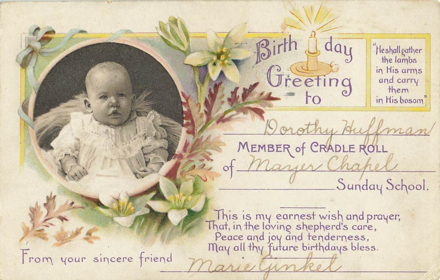 1912 Indianapolis IN Baby Dorothy Huffman Birthday Postcard Mayer Chapel 1912 Indianapolis IN Baby Dorothy Huffman Birthday Postcard Mayer Chapel