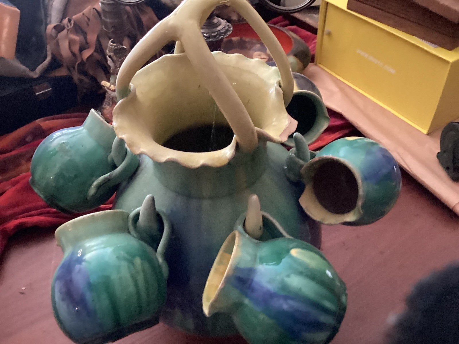 Vintage Mexican Handmade Dripware Glazed Pottery Vessel 6 Cups On Hooks 1960s