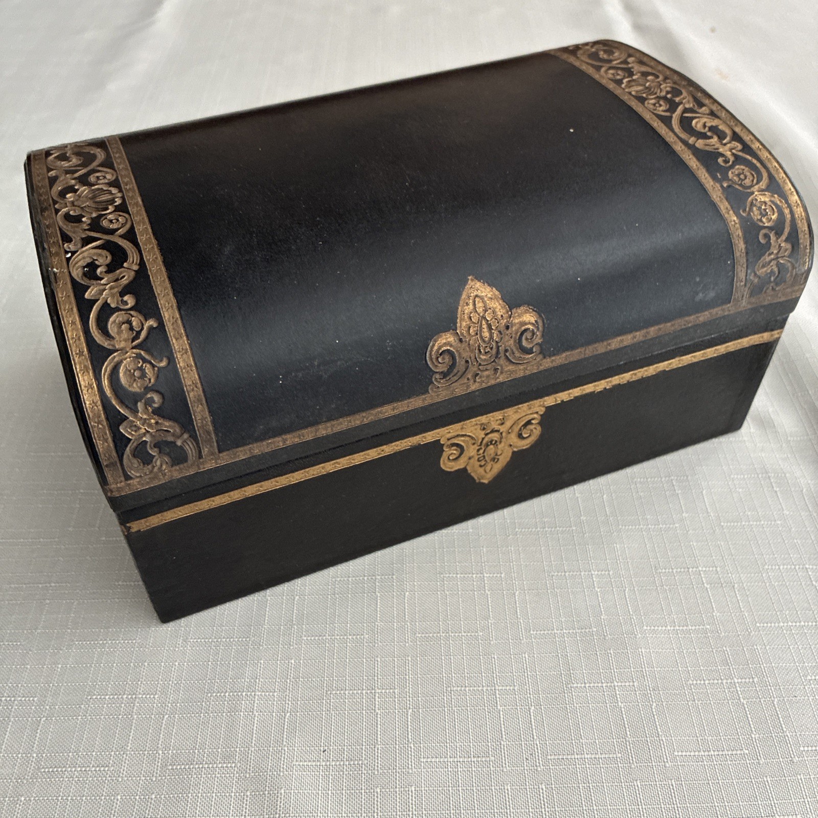 Vintage SWANK Black Faux Leather Gold Trim Jewelry Box Red Velvet Lined 7