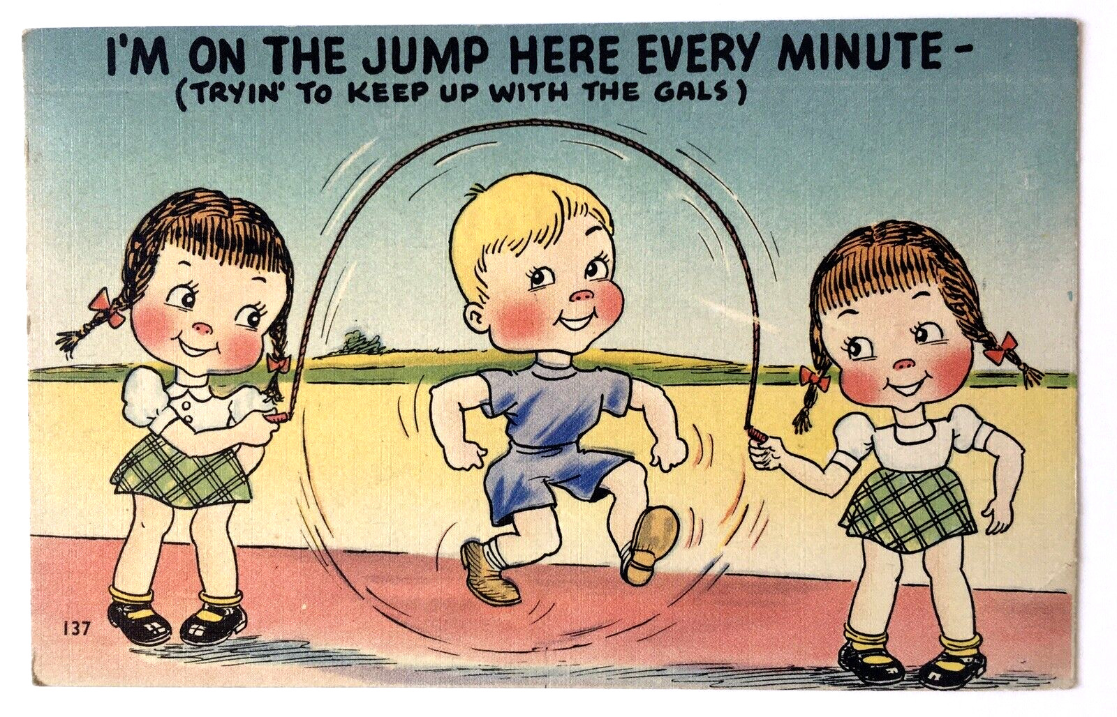 Vtg Linen PC Greeting Card with Quote and Children Playing Jumping Rope Comic