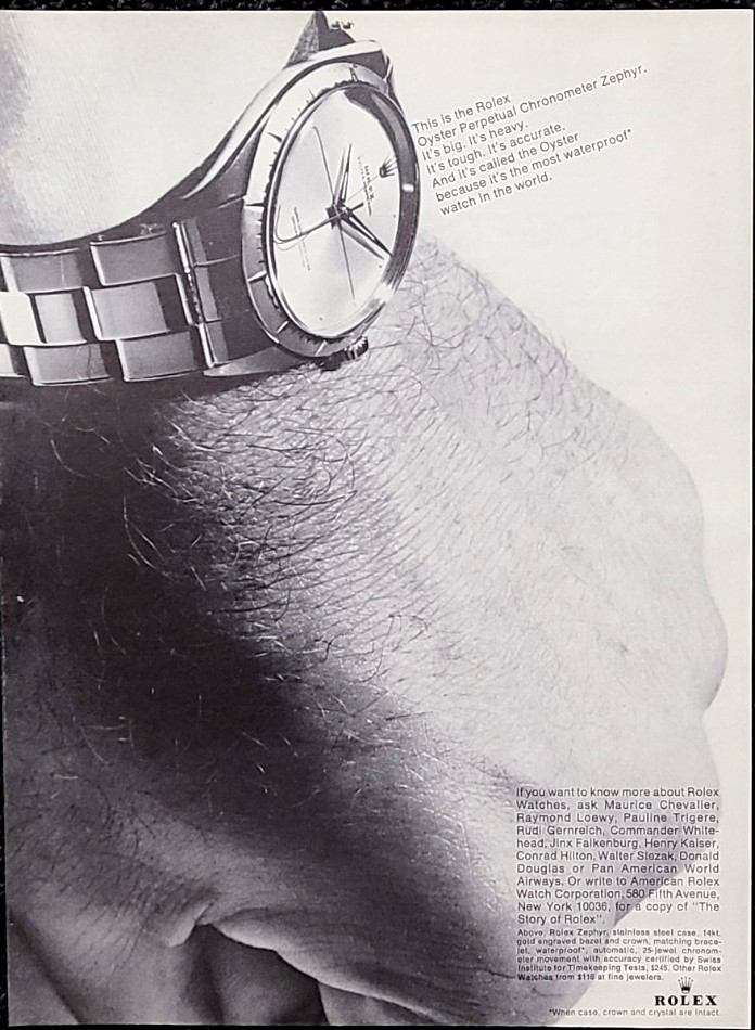Rolex Zephyr Original 1965 Vintage Print Ad Wall Art