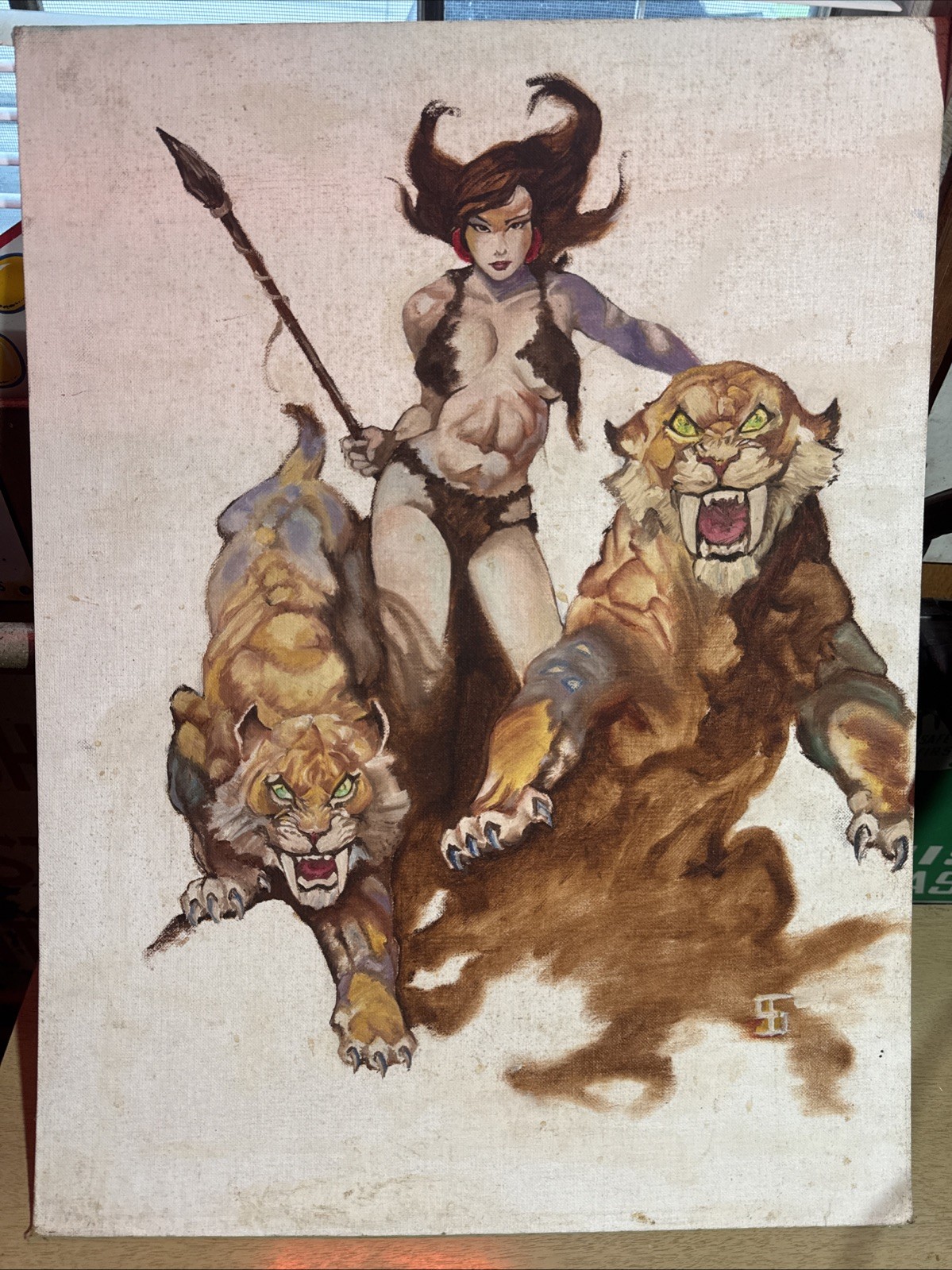 Vintage Pulp Fantasy Sorcery Pin Up Warrior Riding Saber toothed Tiger Art Paint
