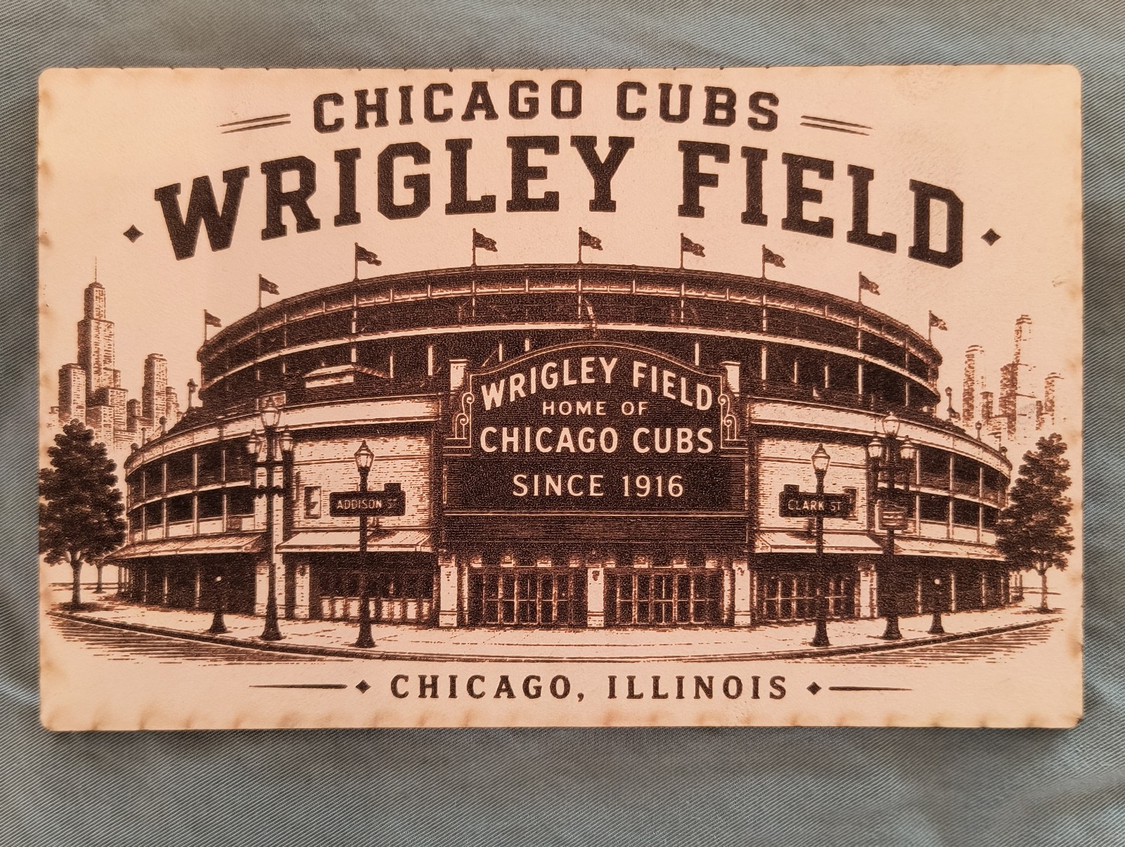 LEATHER ~ WRIGLEY FIELD CHICAGO CUBS stadium Modern BASEBALL Postcard Illinois LEATHER ~ WRIGLEY FIELD CHICAGO CUBS stadium Modern BASEBALL Postcard Illinois