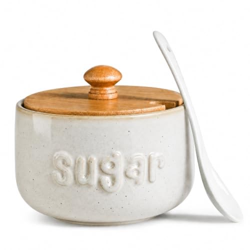 Sugar Holder, Ceramic Sugar Jar, Sugar Bowl with Lid and Spoon Beige