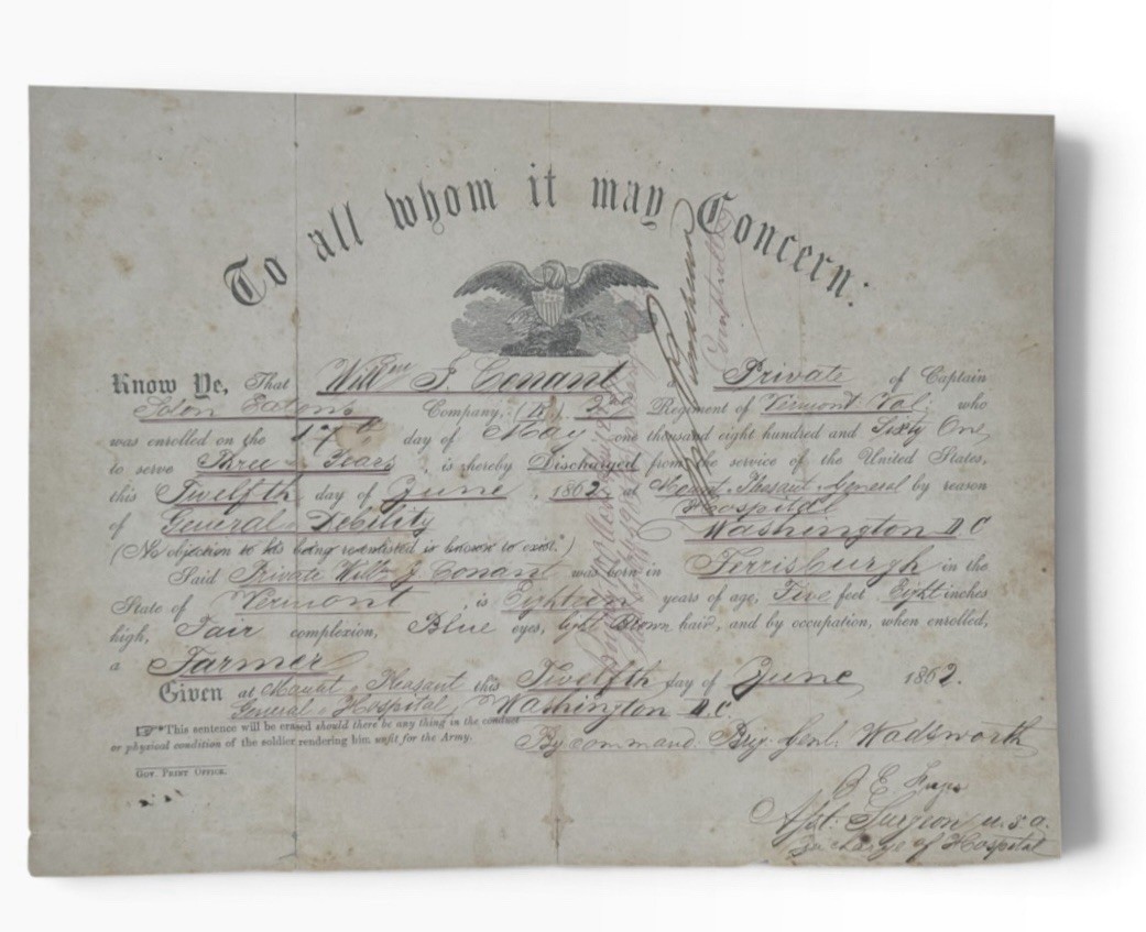 Civil War 2 Discharges Same Soldier Vermont Infantry Cavalry Conant 1862 1865