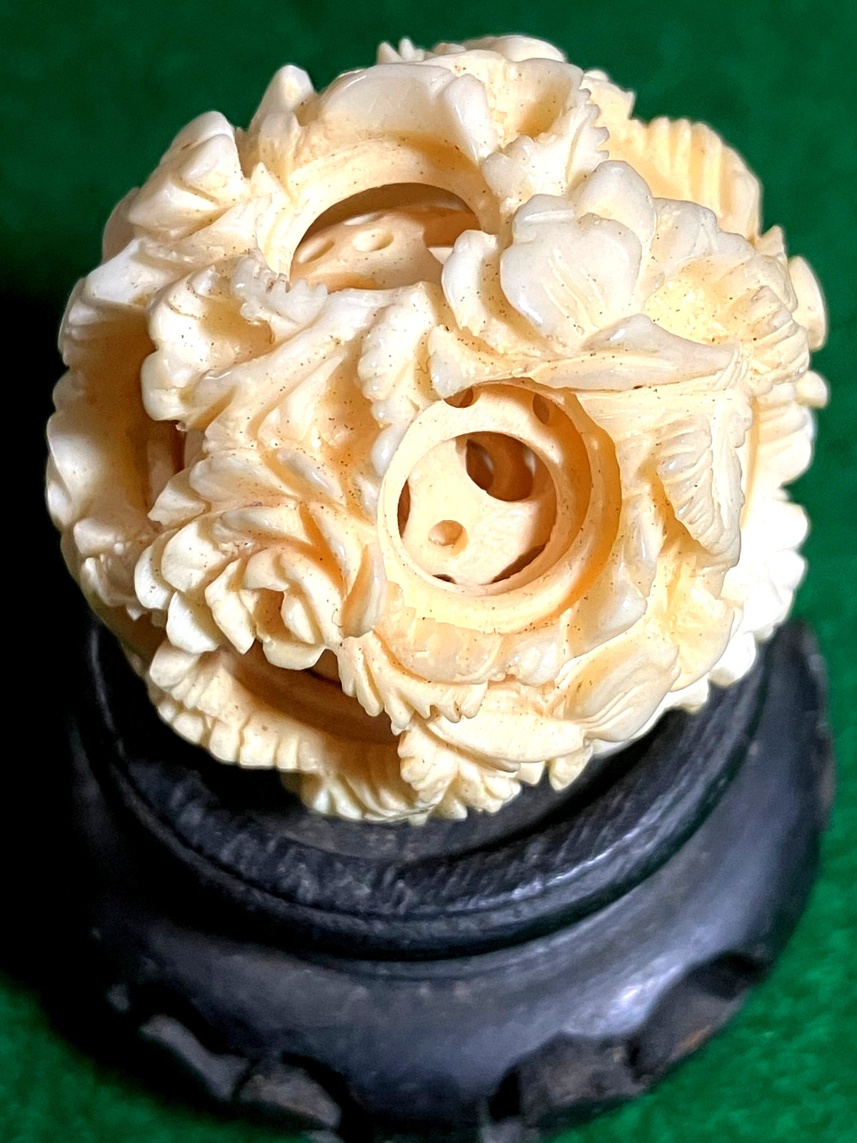Vintage Chinese Carved Bovine Bone Puzzle Ball-5 Layers Floral Rose Motif Vintage Chinese Carved Bovine Bone Puzzle Ball-5 Layers Floral Rose Motif