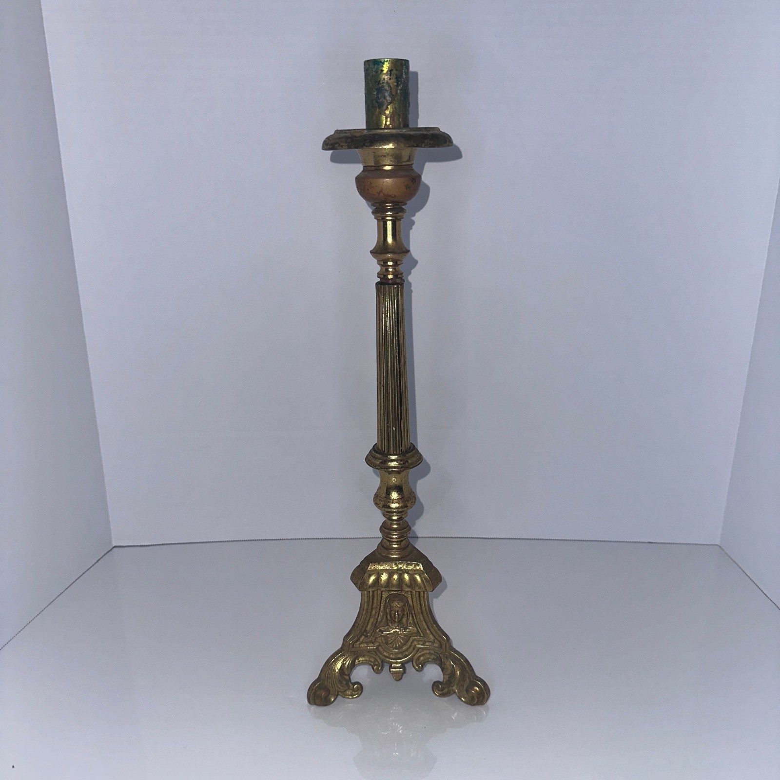 VTG Brass Church Altar Candlestick Candle Holder Tripod Feet Holy Family 16\