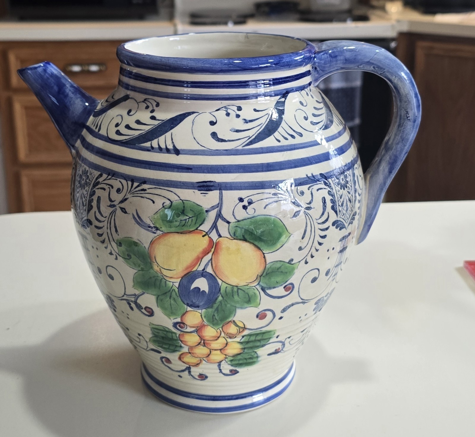 VTG MAXCERA Lemon Pear Grapes Pitcher Vase Pottery Blue White Yellow 8 3/4” VTG MAXCERA Lemon Pear Grapes Pitcher Vase Pottery Blue White Yellow 8 3/4”