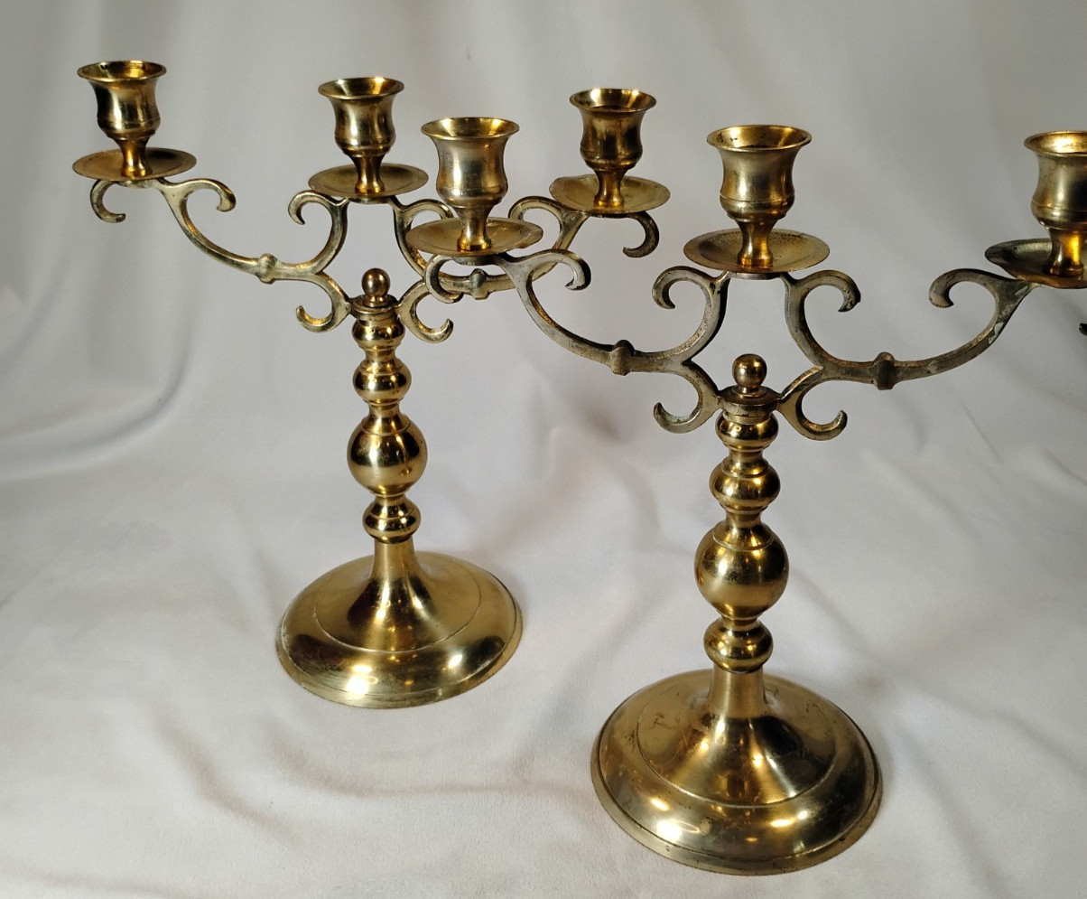 Vintage Brass 3 Arm Candlesticks Pair 12 Vintage Brass 3 Arm Candlesticks Pair 12