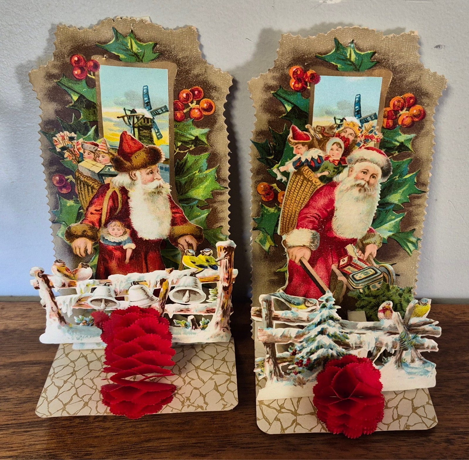 Antique Raphael Tuck 3D Pop-Up Xmas Cards Santa Standee Honeycomb Pair Germany Antique Raphael Tuck 3D Pop-Up Xmas Cards Santa Standee Honeycomb Pair Germany