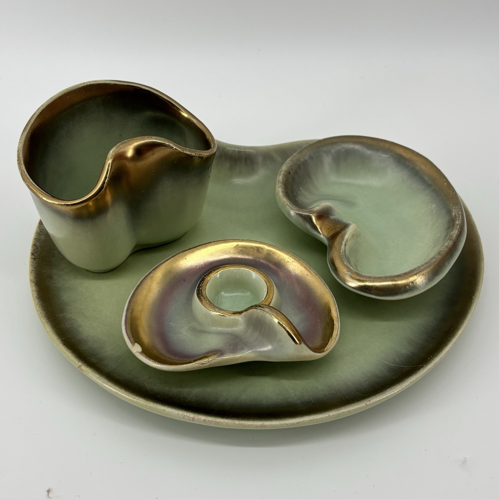 Jasba Keramik German Pottery MCM Fat Lava Era Green Gold Drip Glaze Tray 4 Pc