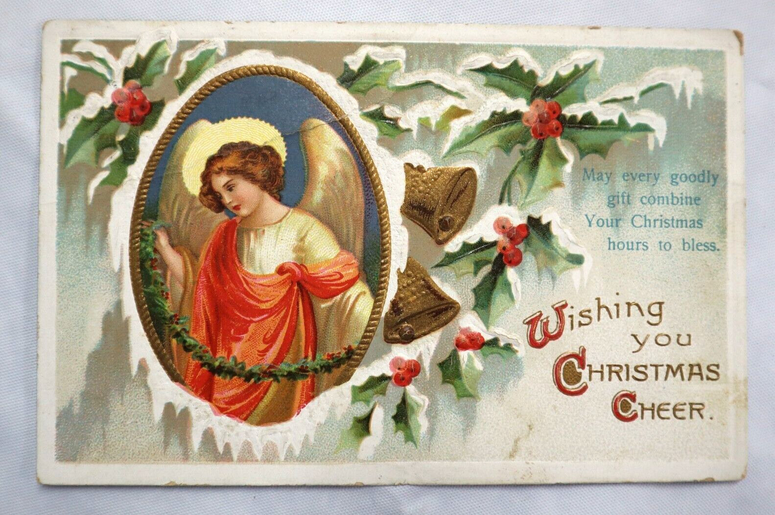 Wishing You Christmas Cheer Antique 1912 Postcard Germany Embossed IARC Angel Wishing You Christmas Cheer Antique 1912 Postcard Germany Embossed IARC Angel