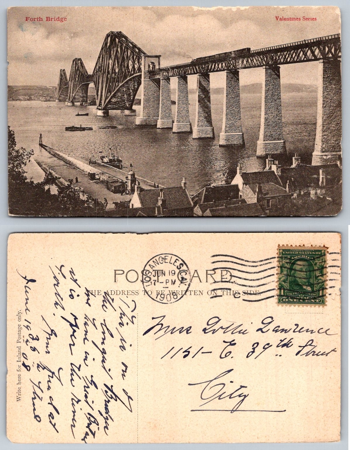 Forth Bridge Scotland Valentines Series Postcard 1908 Posted Forth Bridge Scotland Valentines Series Postcard 1908 Posted