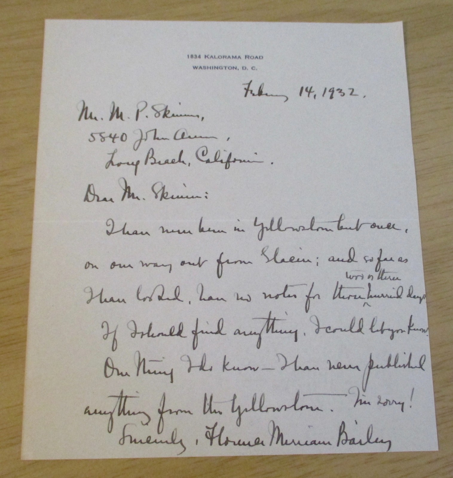 VTG 1932 SIGNED Letter~ORNITHOLOGIST Florence Merriam Bailey~YELLOWSTONE Park~
