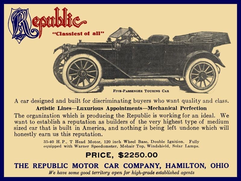 1911 Republic Autos of Hamilton, OhiO NEW METAL SIGN: 9 x 12