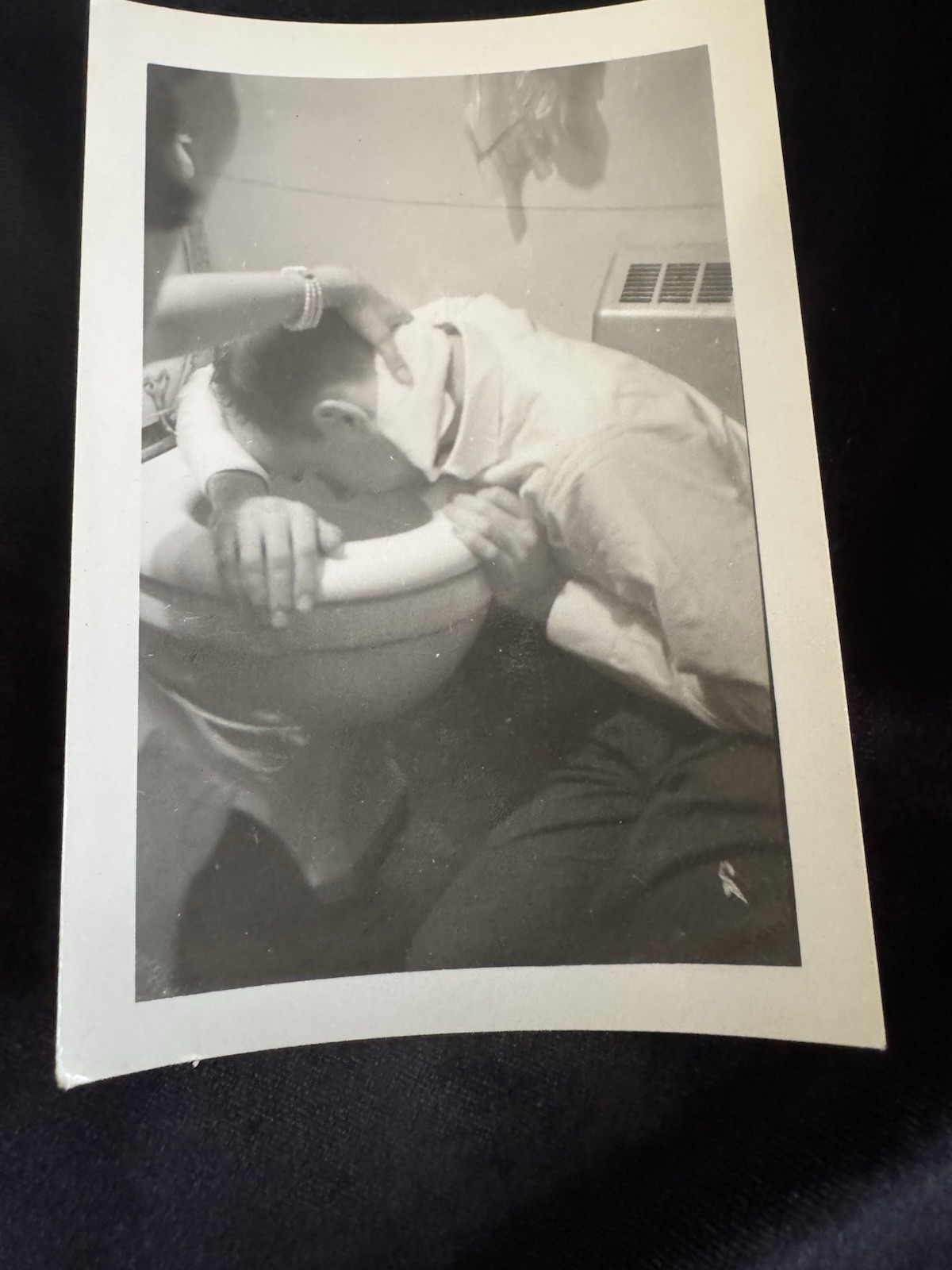 VTG 1940-1950s Photo Woman Helping Man Who’s Throwing Up Vomiting On Toilet VTG 1940-1950s Photo Woman Helping Man Who’s Throwing Up Vomiting On Toilet