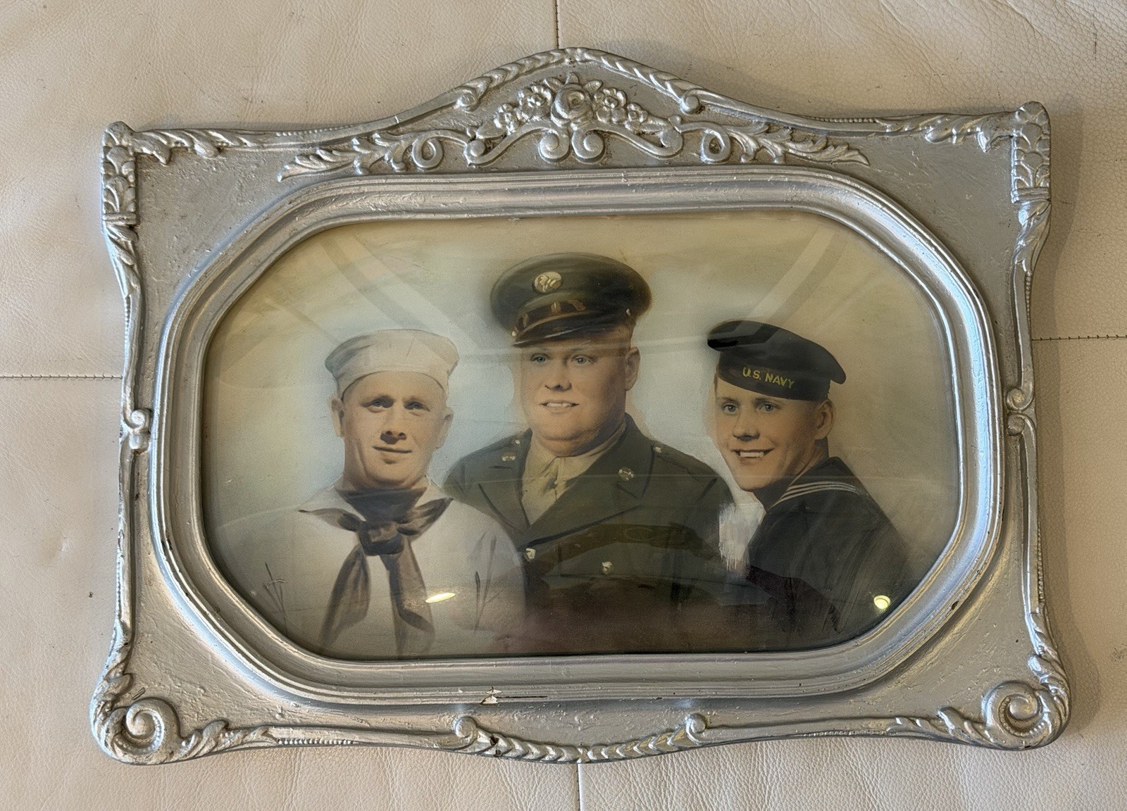 Old US Navy Brothers Soldiers Military Uniform Wood Frame Convex Glass Vintage