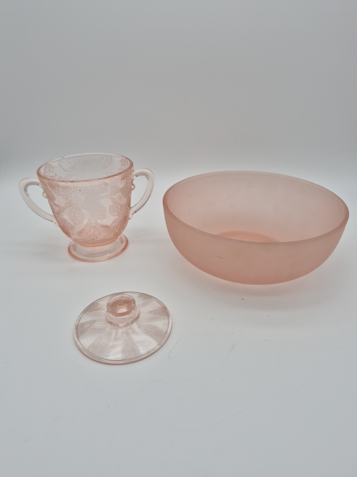Nice Collection Of 2 Pink Depression. 1 Frosted, Containers Nice Collection Of 2 Pink Depression. 1 Frosted, Containers