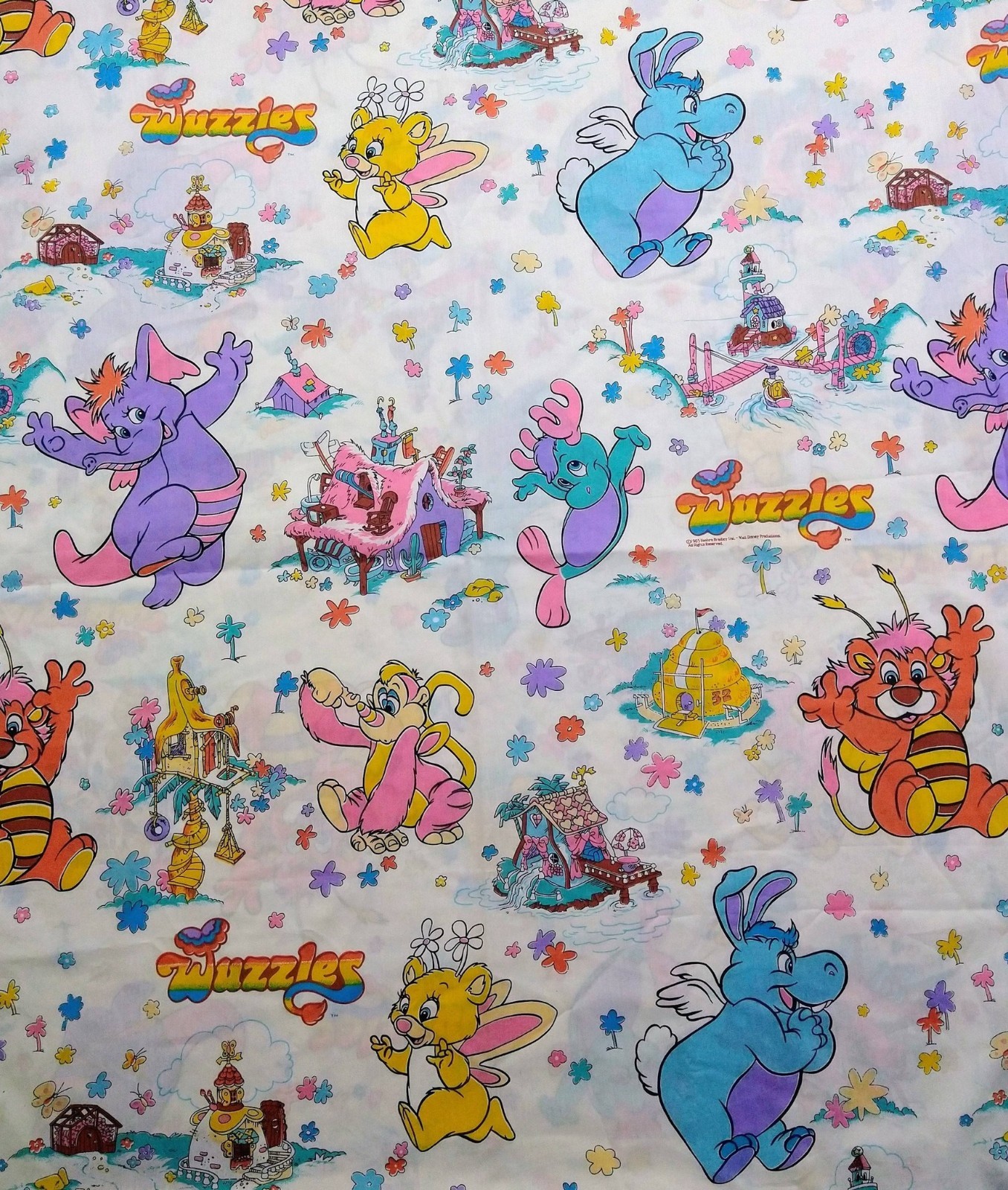 Vintage 1985 WUZZLES Cartoon Fabric Remnant - Large 4.5+ Yd Hasbro Bradley READ