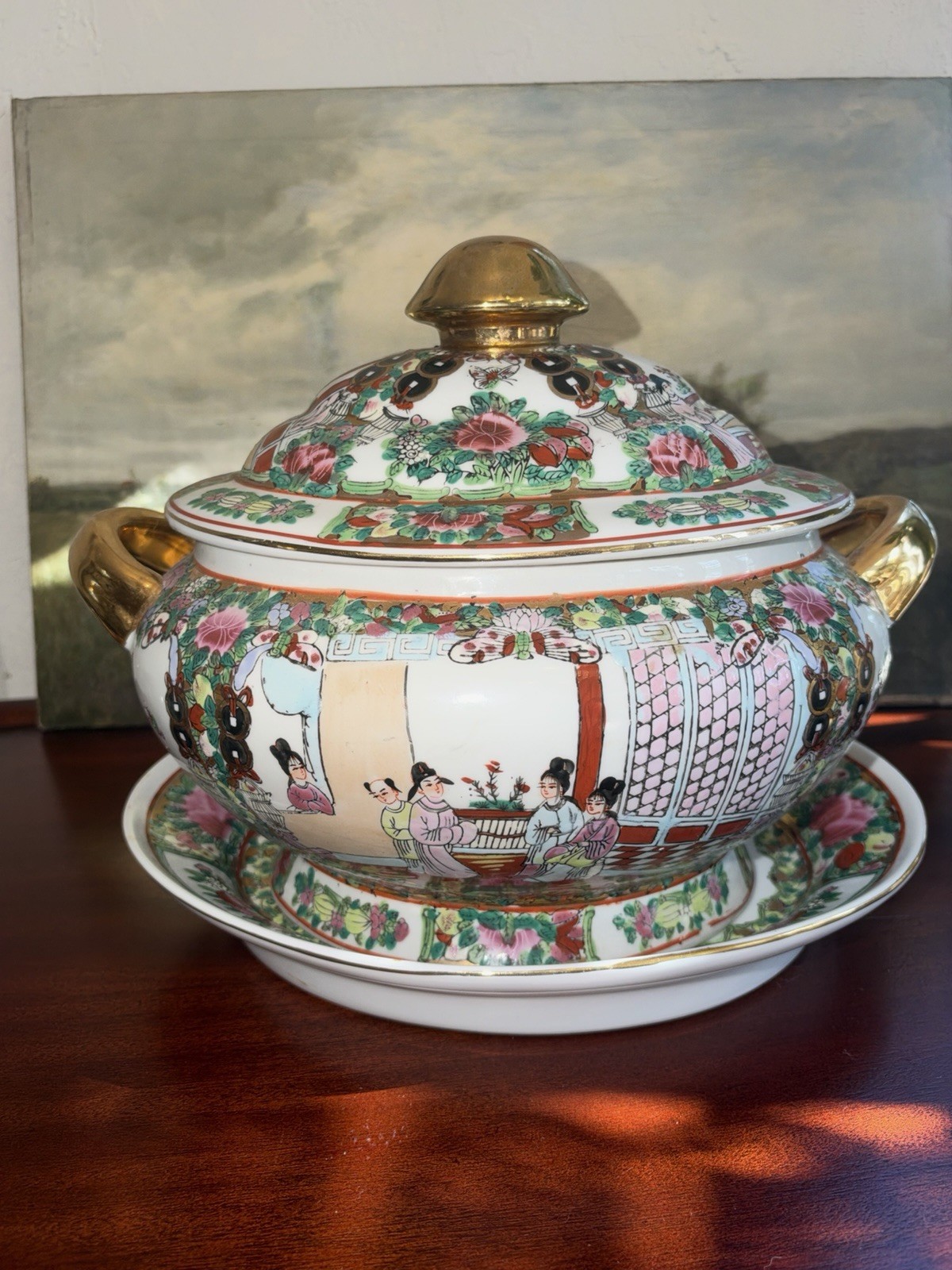 VTG XL Chinese Famille Rose Medallion Soup Tureen & Under-Plate Lid Chinoiserie