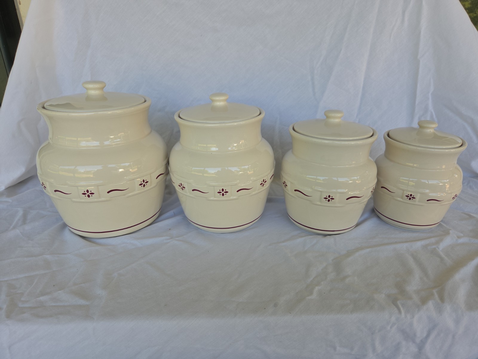 8pc Longaberger WOVEN TRADITIONS Pottery RED Canister Set w/Lids USA RETIRED 8pc Longaberger WOVEN TRADITIONS Pottery RED Canister Set w/Lids USA RETIRED