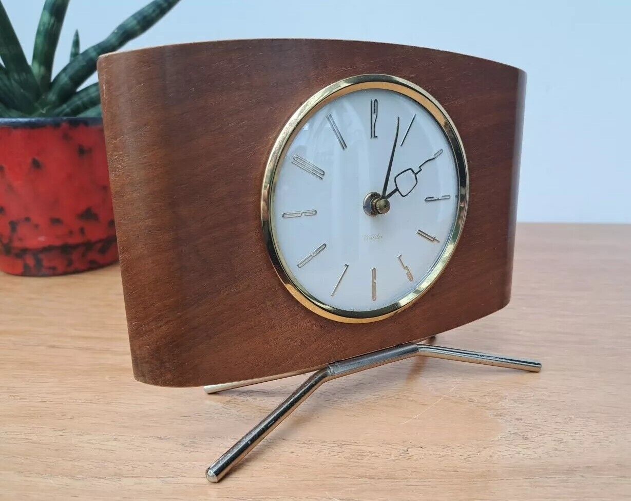 Vintage Mid Century 60s 70s WESTCLOX Mantle Clock Brass Teak Wood Quartz Battery