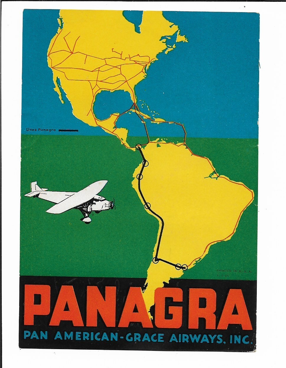 VINTAGE PANAGRA PAN AMERICAN GRACE AIRWAYS Label Ungummed ORIGINAL VINTAGE PANAGRA PAN AMERICAN GRACE AIRWAYS Label Ungummed ORIGINAL