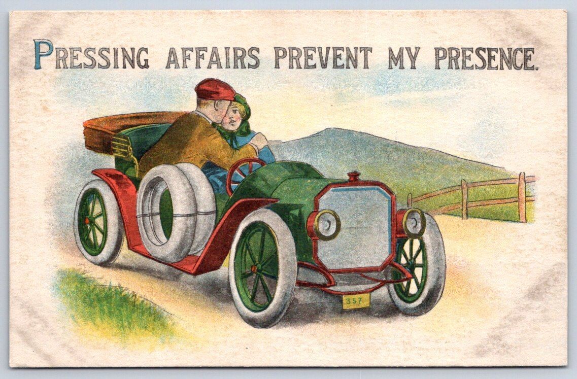 Antique Comic Romance Lovers in Green Brass Era Touring Car 1910s Antique Comic Romance Lovers in Green Brass Era Touring Car 1910s