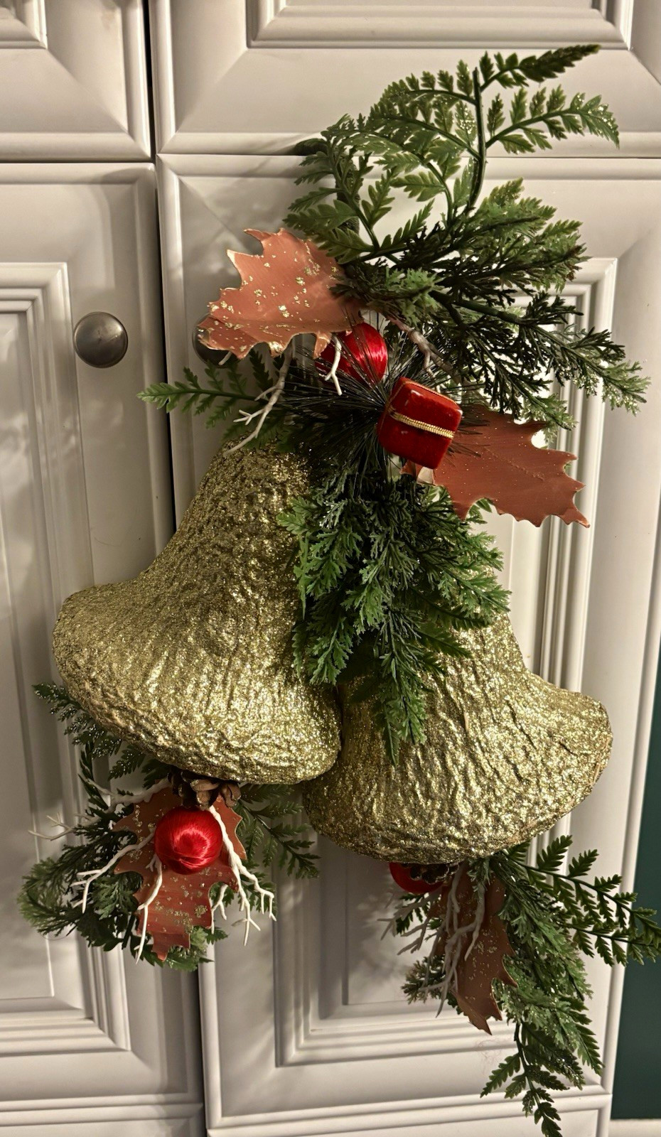 Vintage pressed paper/paper-mache double bell Christmas swag made in Hong Kong Vintage pressed paper/paper-mache double bell Christmas swag made in Hong Kong